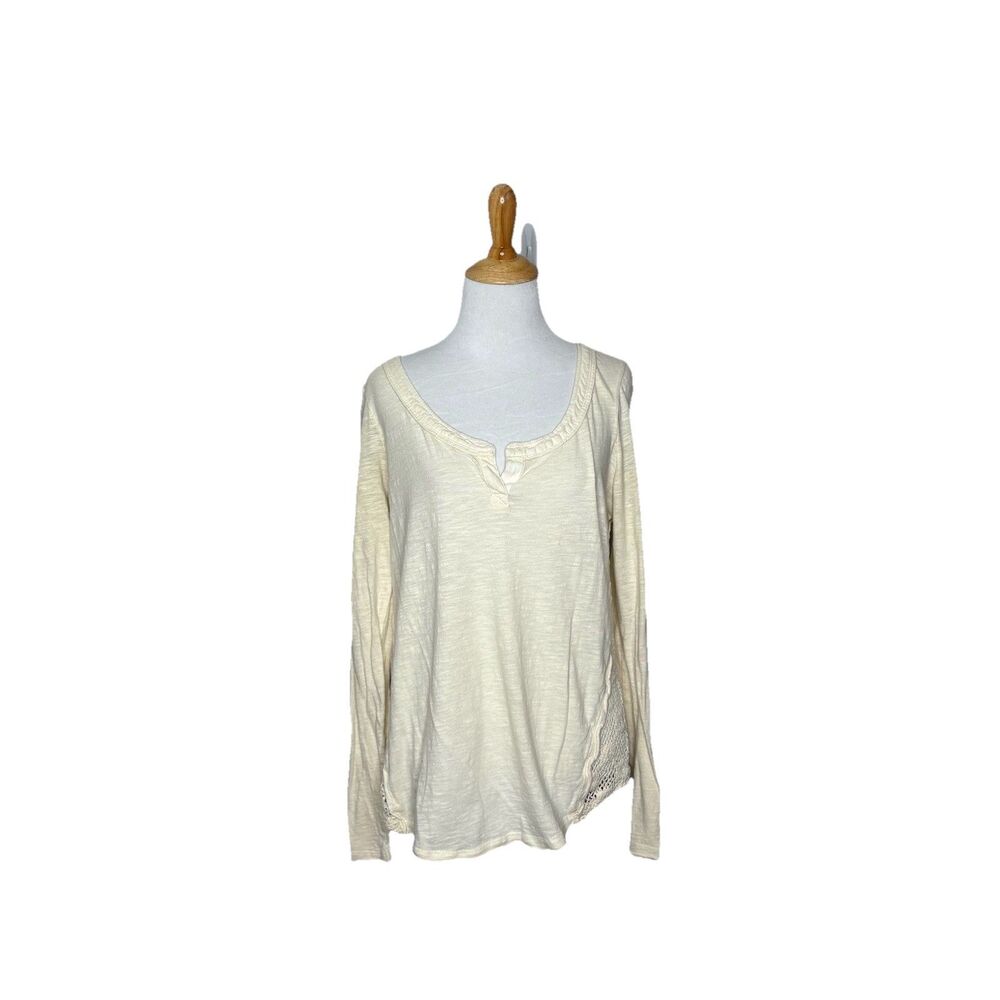 Free People Patches of Lace Henley Crochet Back Shirt Ivory Long Sleeve M